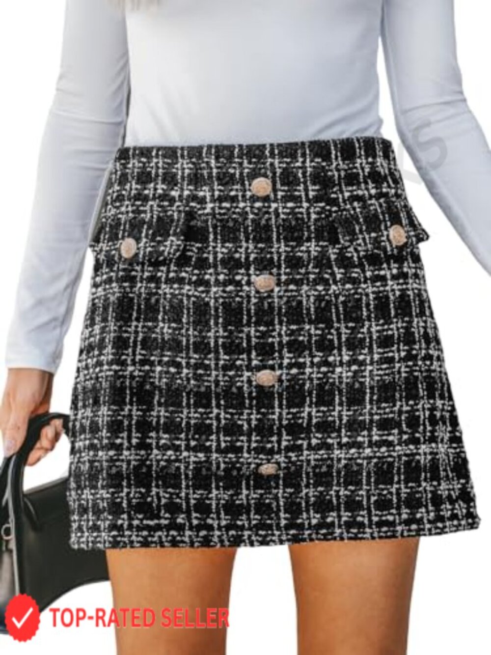 High Waist Tweed Plaid Mini Skirt Button Front Pencil Style